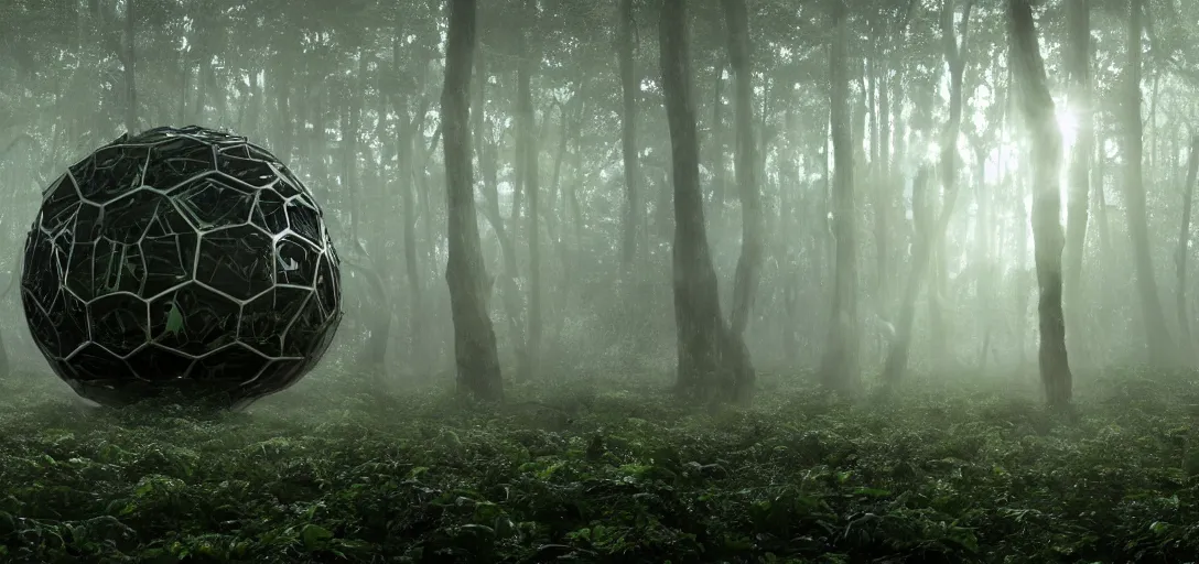 Prompt: a complex organic fractal 3 d metallic symbiotic ceramic humanoid megastructure creature in a swampy lush forest, foggy, cinematic shot, photo still from movie by denis villeneuve, wayne barlowe, sun rays