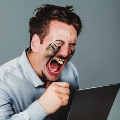 Image similar to a man with bloodshot eyes pointing at his computer screen and laughing