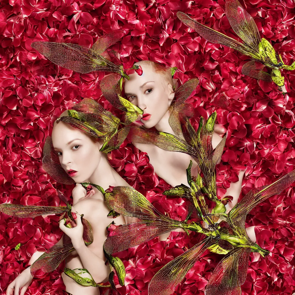 Prompt: high fashion haute couture scaled bananas with dragonflies, and form a complex fractal vegetable foliage, with red petals and shiny stems, mesh roots, hyper real, food photography, high quality