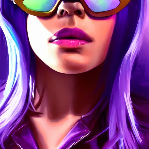 Image similar to closeup painting of a very beautiful young mexican cyberpunk woman with a smirk, wearing light blue shutter shades and a purple coloured leather jacket, one side haircut, long brown hair with light blue ends, portrait, hyperdetailed, artstation, cgsociety, 8 k, synthwave!!! image