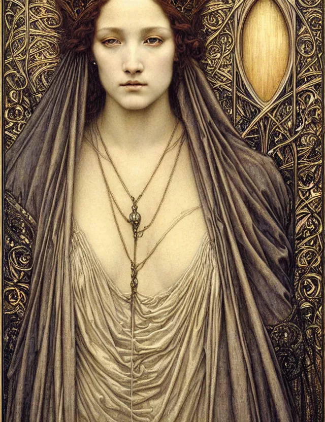 Image similar to detailed realistic beautiful young medieval queen face portrait by jean delville, gustave dore and marco mazzoni, art nouveau, symbolist, visionary, gothic, pre - raphaelite. horizontal symmetry