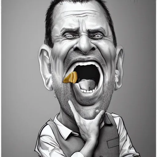 Image similar to Father yelling energetically with a big mouth at his little son who keeps his head down., caricature portrait exaggerated by Sebastian Krüger and Bruno Tesse trending on artstation, hyperdetailed, humor, perfect composition