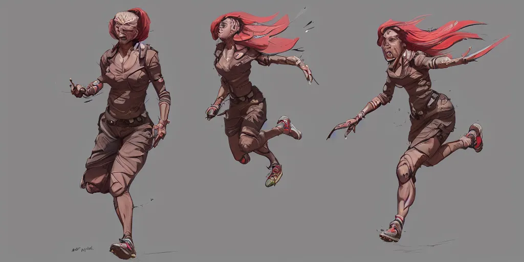 Prompt: cartoonish female character running, vivid colors, character sheet, fine details, concept design, contrast, kim jung gi, greg rutkowski, trending on artstation, 8 k, full body, turnaround, front view, back view, ultra wide angle