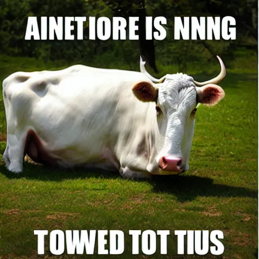 Prompt: Meme with a lying cow. The lying cow is supposed to express the aggravated tiredness. In winter you are more tired thanks to the lower number of hours of sunshine. The font is Impact.