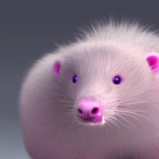 Prompt: white mink with pink nimbus of pink bacteria circle around the neck art unreal engine hd 8k starring at camera symmetrical mink matte background