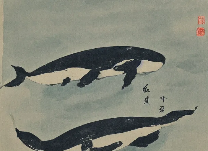 Image similar to a painting of a pair of whales by Qi Baishi