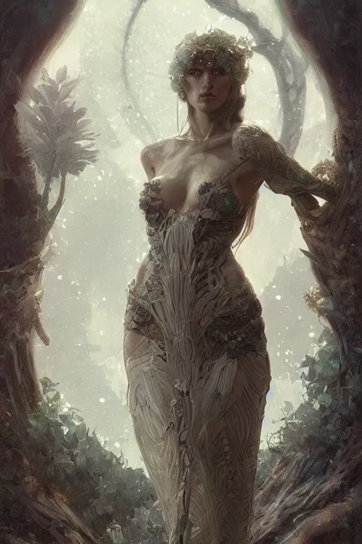 Image similar to A full portrait of a scifi nordic dryad, intricate, elegant, highly detailed, digital painting, artstation, concept art, smooth, sharp focus, illustration, art by Krenz Cushart and Artem Demura and alphonse mucha