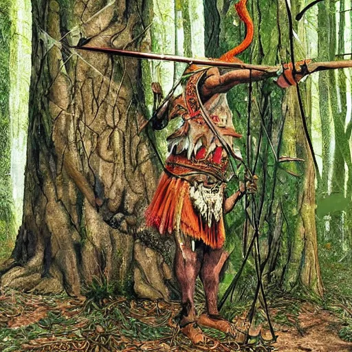 Prompt: a ancient hunter creeping through woods filled with large trees and vines, holding a bow and arrow, wearing animal skin clothing, in the style of bordalo ii
