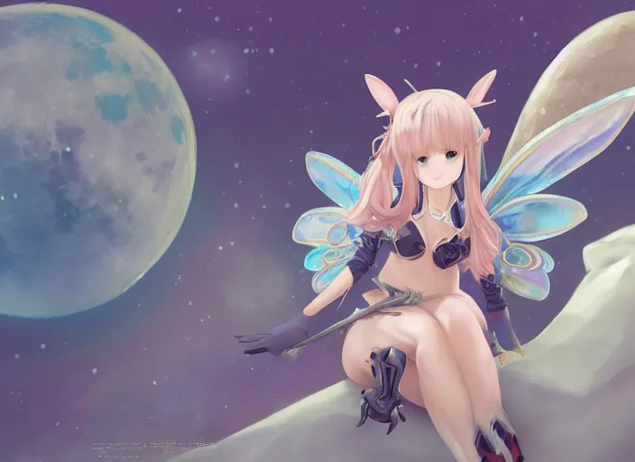 Prompt: a 2 d illustration of rabbit fairy sitting on the moon, full body character concept, anime style, by hideo minaba, pixiv, artstation, granblue fantasy ， character design