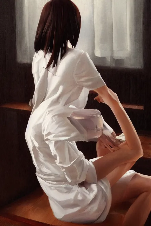 Image similar to a ultradetailed beautiful portrait panting of a stylish woman sitting in a bath, she is wearing a white shirt with a tie, oil painting, by ilya kuvshinov, greg rutkowski and makoto shinkai