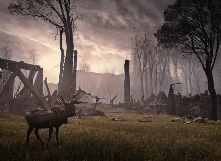 Prompt: a viking and a moose walks in the ruins of a viking village, burnt huts, bodies on the ground, horror, dramatic lighting, dawn, by caspar david friedrich, unreal engine 5