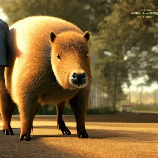 Image similar to a high quality photo of an antropomorphic capybara wearing a suit, 3d scene, render, ultra realistic, zenith view, Greg Rutkowski, artstation, cgsociety, unreal engine