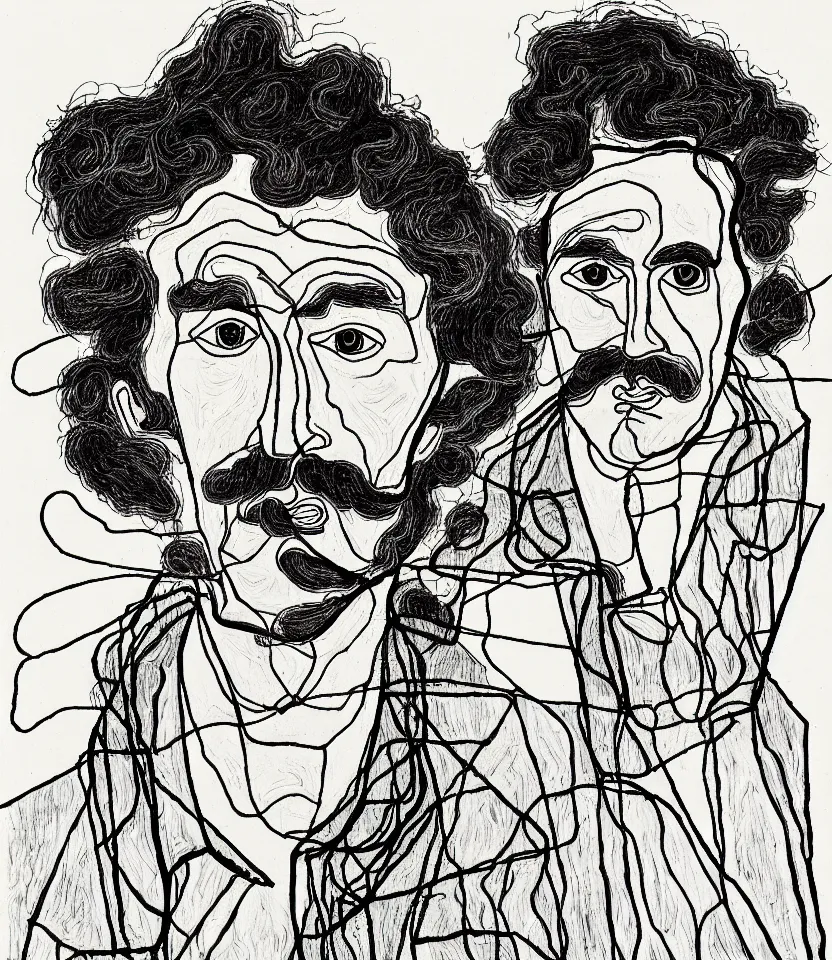 Image similar to detailed line art portrait of ezra pound, inspired by egon schiele. caricatural, minimalist, bold contour lines, musicality, soft twirls curls and curves, confident personality, raw emotion