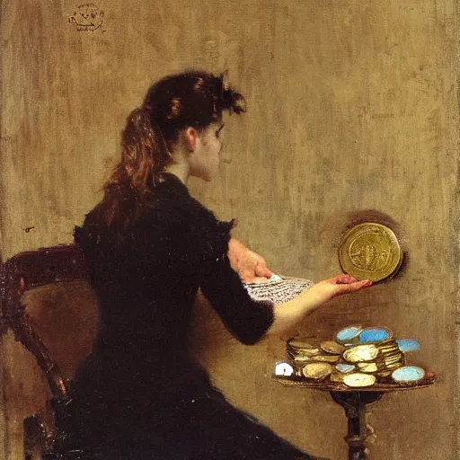 Image similar to woman collecting antique coins by alfred stevens