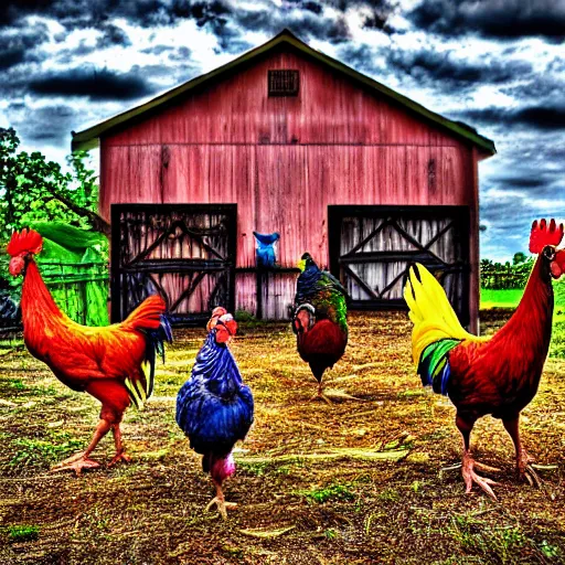 Image similar to Rainbow Roosters and Chickens Near a barn in a farm yard HDR