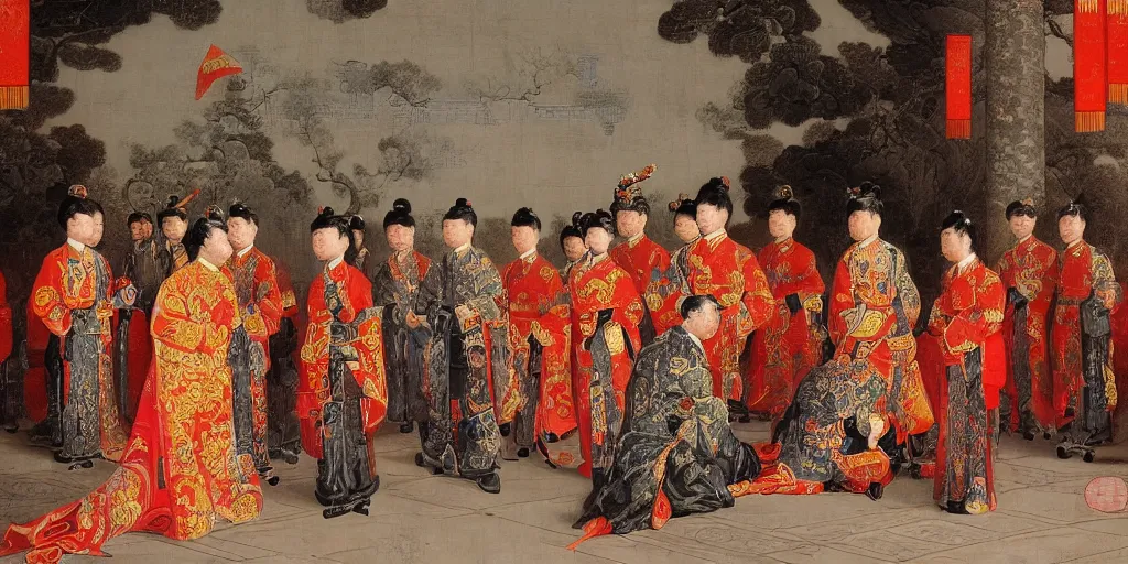 Prompt: Highly detailed and cinematic romantic period oil painting of Imperial Chinese palace guards bowing to the Chinese emperor who is sat upon a throne, strong atmosphere, oil painting masterpiece by Josep Tapiró Baró, symmetry, fractals