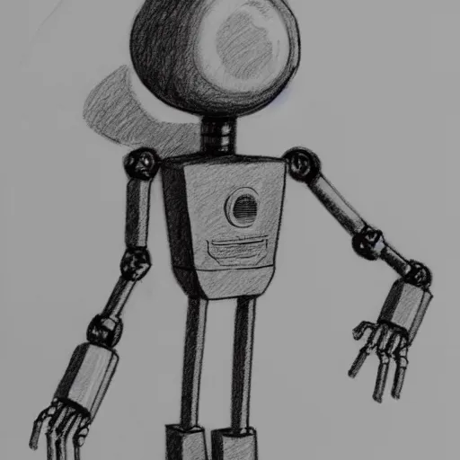 Image similar to pencil sketch of a skinny outdated awkward robot with joints that creak and a triangular head with 2 antenna