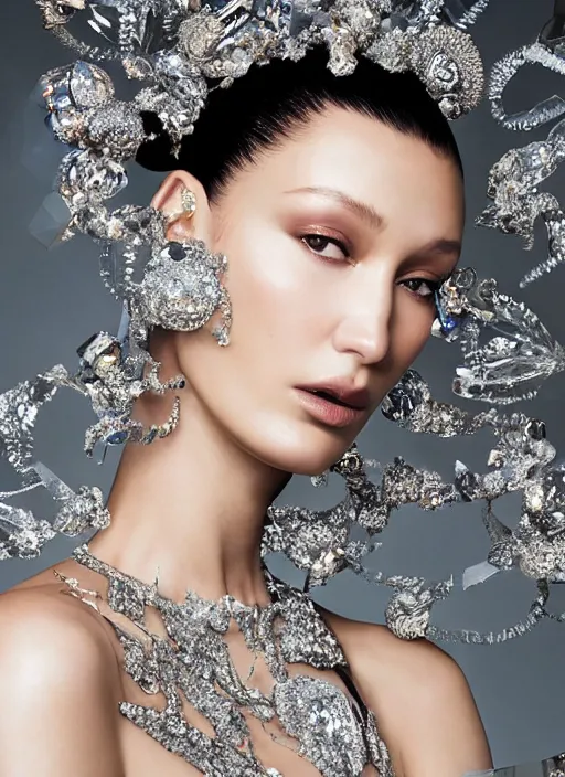 Prompt: sculpture made of glass, crystals, diamonds and some ice, amazing portrait of Bella Hadid::female, liquids, caustics, vfx, transparency, harper's bazaar, vogue, magazine, insanely detailed and intricate, concept art, close up, ornate, luxury, elite, elegant, trending on artstation::by ruan jia, by Kenneth Willardt, by ross tran, by WLOP, by Andrei Riabovitchev