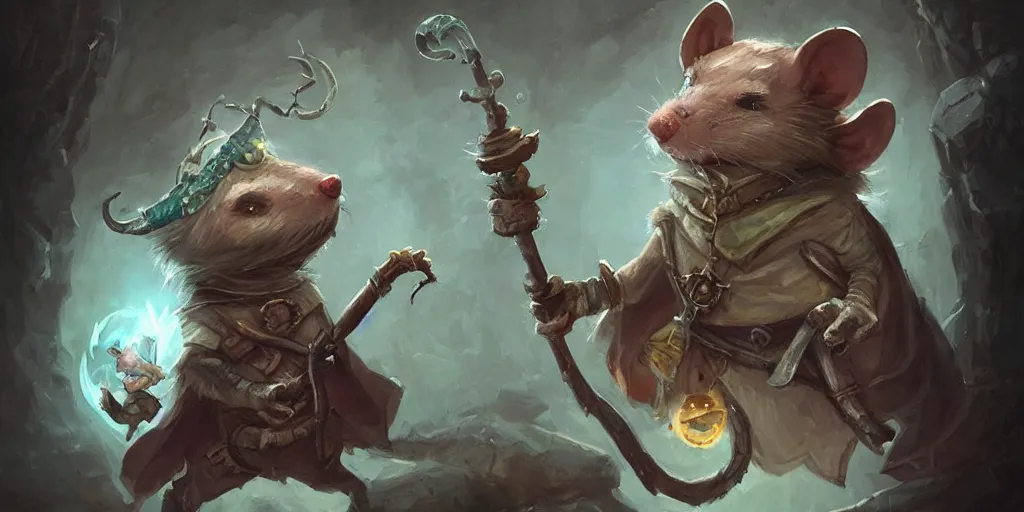 Image similar to cute little anthropomorphic rat wielding a magic staff, Wizard robe, cute and adorable, pretty, beautiful, DnD character art portrait, matte fantasy painting, DeviantArt Artstation, by Jason Felix by Steve Argyle by Tyler Jacobson by Peter Mohrbacher, cinema