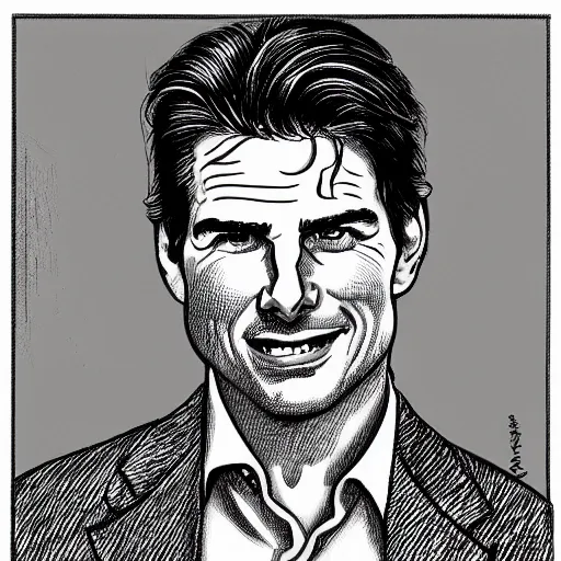 Image similar to a portrait drawing of Tom Cruise drawn by Robert Crumb