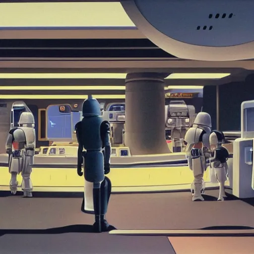 Image similar to ralph mcquarrie concept art of a futuristic mcdonalds. a space station is seen off in the distance with various droids and people walking in the foreground. a trooper is seen holding a brown mcdonalds bag.