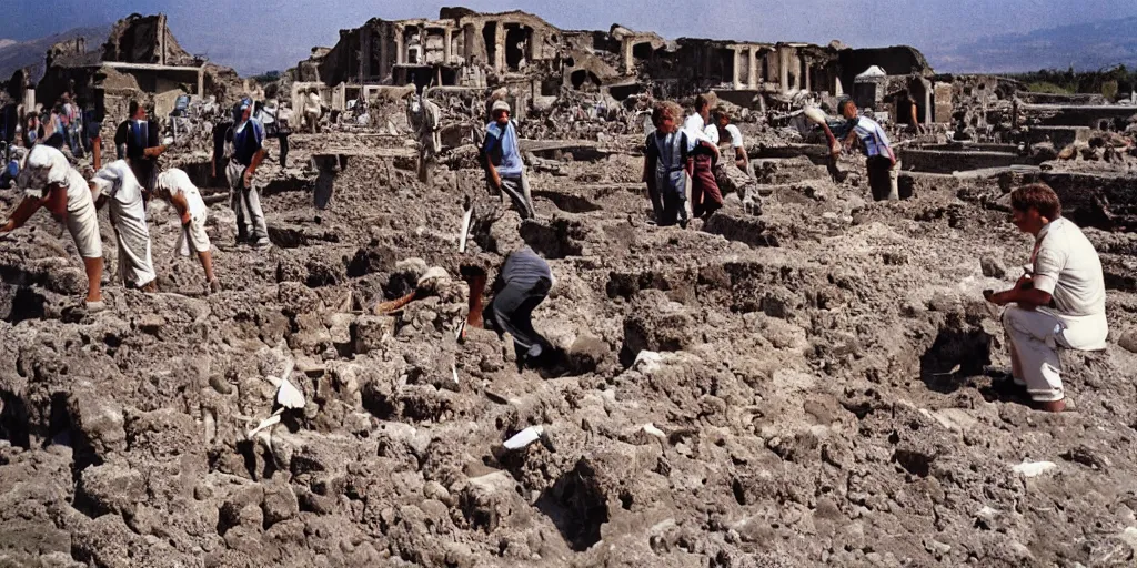 Prompt: Archaeologists Finding a lockheed electra plane Buried in the Ruins of Pompeii, 1983 photo, high quality colored, award winning