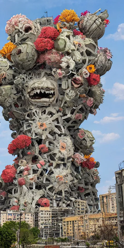 Image similar to giant grotesque flower in the middle of abandoned post soviet constructivist cityscape, Stalinist architecture, ultradetailed by Hayao Miyazaki and Josan Gonzalez and Makoto Shinkai and Giuseppe Arcimboldo and Wes Anderson