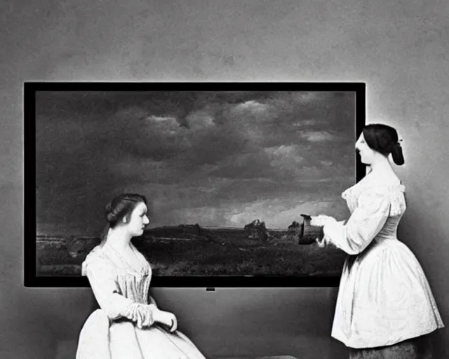 Image similar to 1 7 0 0 s photo of a person watching a flat screen hd tv