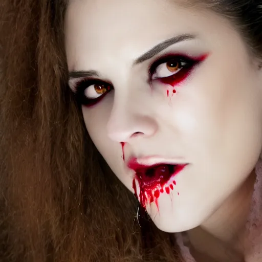 Prompt: professional headshot of an elegant female vampire with droplets of blood splattered across her face. high resolution, realistic, professional lighting, nikon camera, 8 k, imdb. com