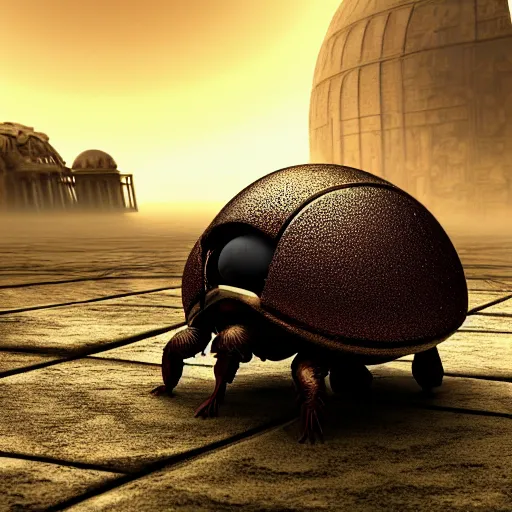 Prompt: a giant dung beetle pushing a metallic orb through the wastes of an ancient city, photorealistic, ultra detailed, eerie lighting, foggy, deep shadows, 4 k,