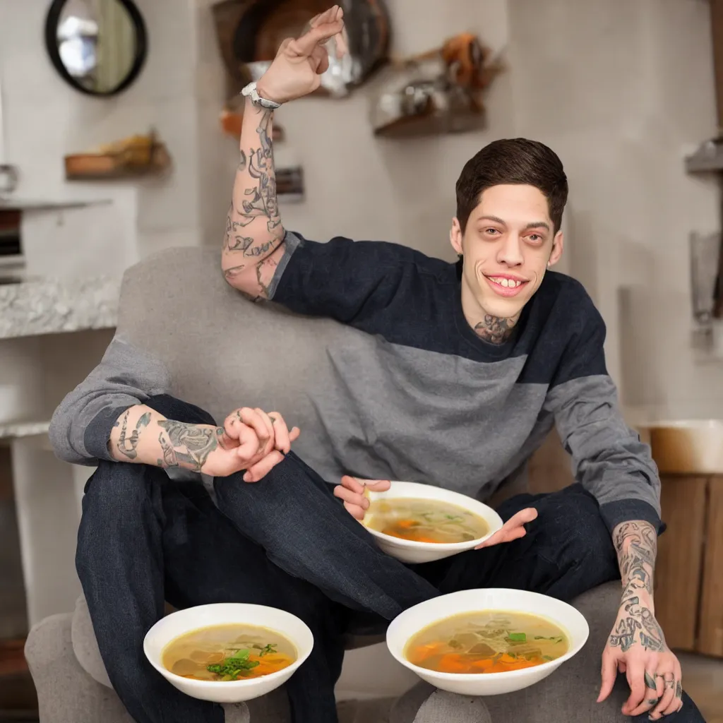 Prompt: pete davidson sitting in a bowl of nice broth soup