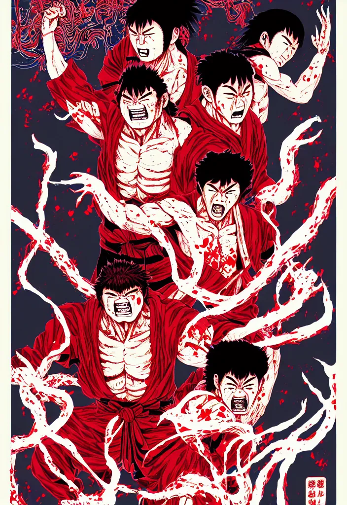 Image similar to a comic book style japanese horror poster of ryu, akuma and ken by dan mumford, yusuke murata and junji ito, blood lines, yokai, kanji, 8k, unreal engine, trending on artstation, pixiv, intricate details, volumetric lighting