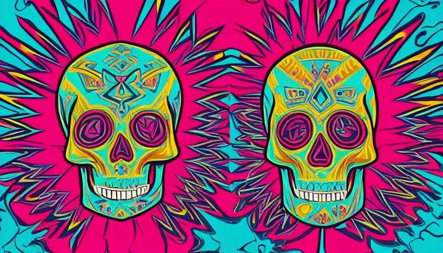 Prompt: single psychedelic aztec skull outrun style