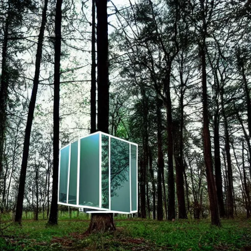 Prompt: a mirrored cube sits in a forest