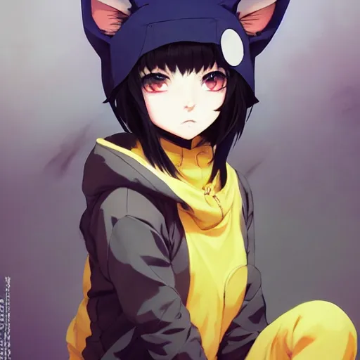 Prompt: a beautiful anime cyborg - girl with yellow eyes wearing a cat hoodie, wlop, ilya kuvshinov, artgerm, krenz cushart, greg rutkowski, hiroaki samura, range murata, james jean, katsuhiro otomo, erik jones, serov, surikov, vasnetsov, repin, kramskoi