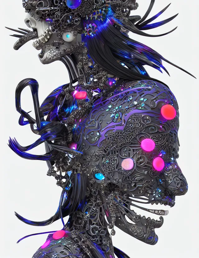 Image similar to 3 d goddess close - up profile simple portrait cybernetic with skull. beautiful intricately detailed japanese crow kitsune mask and clasical japanese kimono. betta fish, jellyfish phoenix, bio luminescent, plasma, ice, water, wind, creature, artwork by tooth wu and wlop and beeple and greg rutkowski