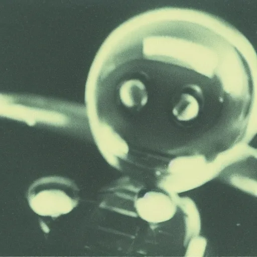 Image similar to old polaroid depicting a small intricate metallic alien probe, hovering at a clearing