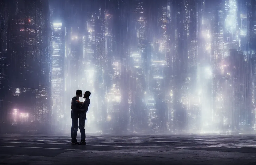 Image similar to men kissing in front of a foggy view of cyberpunk style future city, a hyper realistic professional photographic view,very beautiful scenery, very realistic painting effect, hd, hdr, cinematic 4k wallpaper, 8k, ultra detailed, high resolution,