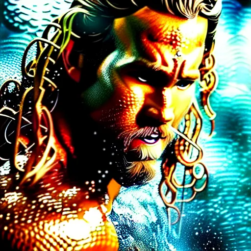 Prompt: uhd photorealistic portrait of ryan reynolds as aquaman, by amano, ayami kojima, greg rutkowski, lisa frank, mark brooks, and karol bak, masterpiece, cinematic composition, dramatic pose, studio lighting, hyperdetailed, intricate details