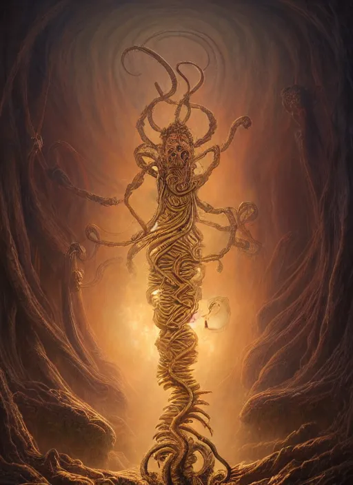 Image similar to a long forgotten centipede deity with hundred arms and a pale human head, in the style of tomasz alen kopera and fenghua zhong and peter mohrbacher, mystical colors, rim light, beautiful lighting, 8 k, stunning scene, raytracing, octane, trending on artstation