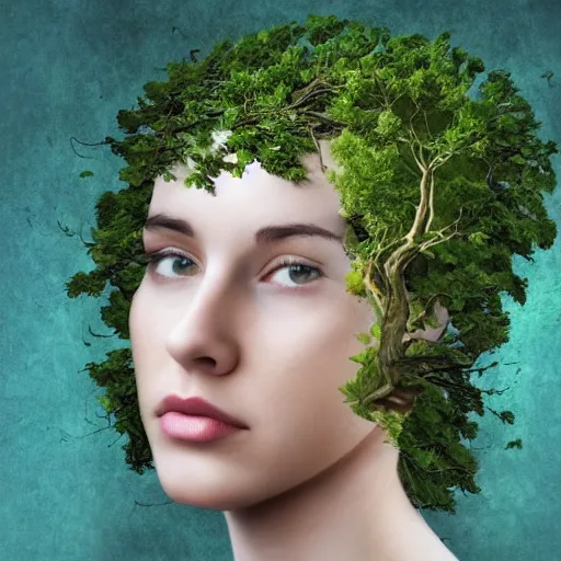 Image similar to woman with tree growing out of her head, beautiful, artistic, digital art