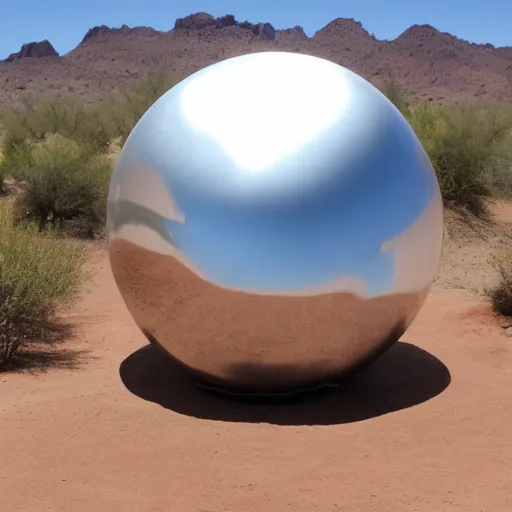 Image similar to a large metallic ball with a mirror finish sits in the Arizona desert