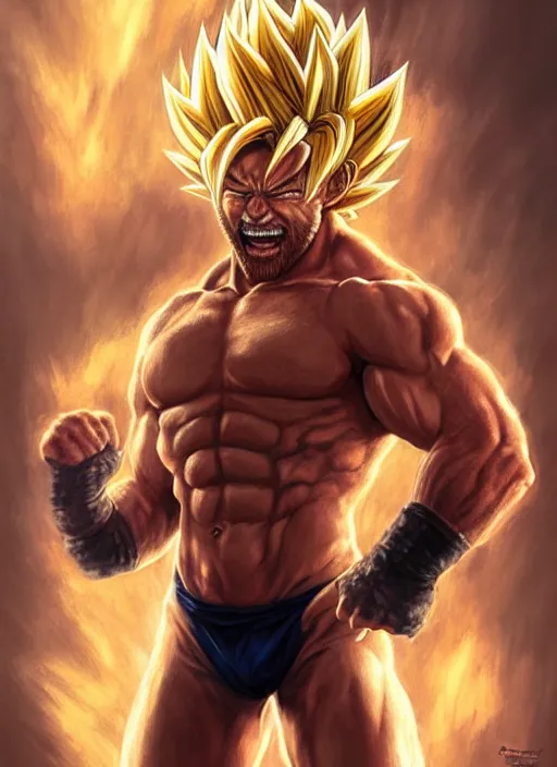 Image similar to portrait of aggressive chuck norris going super saiyan, d & d, muscular! storm! fantasy, intricate, elegant, highly detailed, digital painting, artstation, concept art, smooth, sharp focus, illustration, art by artgerm and greg rutkowski and alphonse mucha