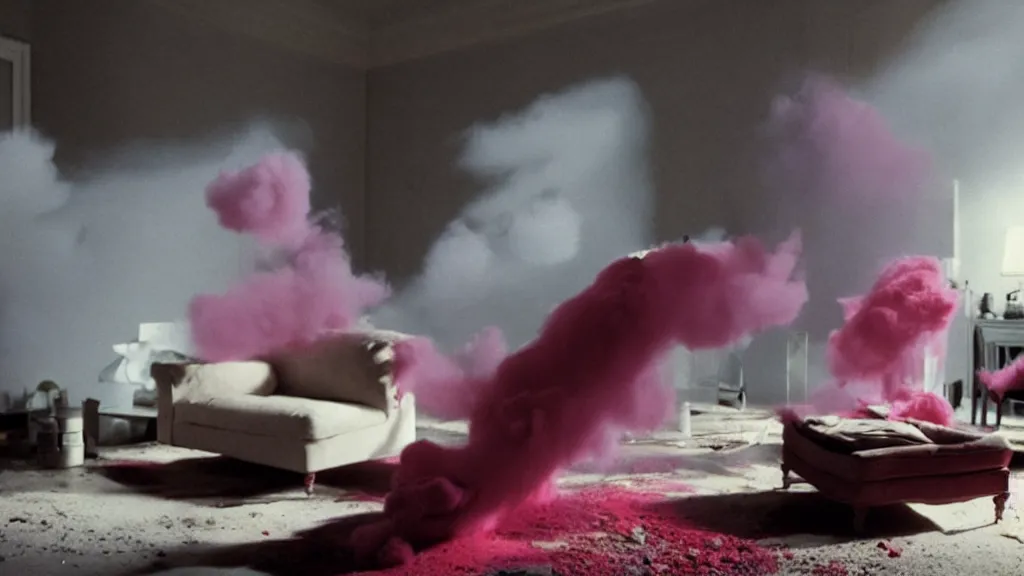 Image similar to colored powder explosion in the living room, film still from the movie directed by Denis Villeneuve with art direction by Salvador Dalí, wide lens