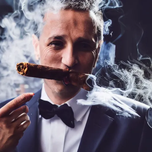 Image similar to black cat smoking cigar and wearing suit. award winning photo. high quality high fidelity. 4 k. unsplash.