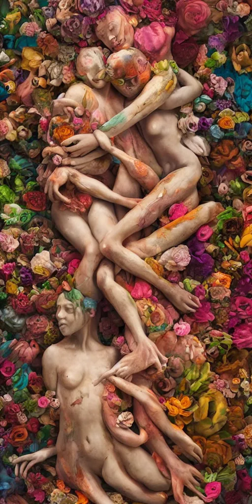 Prompt: closeup photograph of a surrealist sculpture human bodies intertwined, a lovely cornucopia of flowers and human body parts, body parts, paint pour, swirling paint, muted color palette, earth tone colors, skin tones, highly detailed, octane render, cinematic