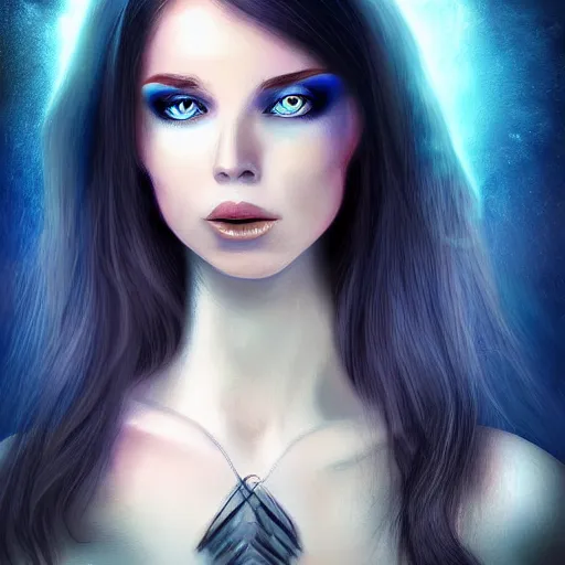 Image similar to magical brunette scottish woman with pale skin and deep blue eyes, digital art, glowing complexion