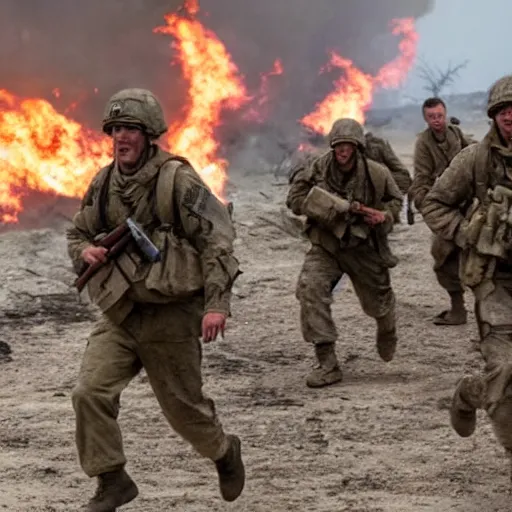 Prompt: american soldiers running at the camera with rifles during normandy beach landing with fiery explosions and debris and dead bodies and limbs all around them in the style of the movie lone survivor and saving private ryan, gritty, 4 k, cinematic lighting,