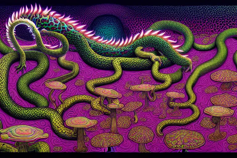 Prompt: a detailed digital art painting of a cyberpunk magick oni dragon with occult futuristic effigy of a beautiful field of mushrooms that is a adorable leopard atomic latent snakes in between ferret biomorphic molecular psychedelic hallucinations in the style of escher, alex grey, stephen gammell inspired by realism, symbolism, magical realism and dark fantasy, crisp