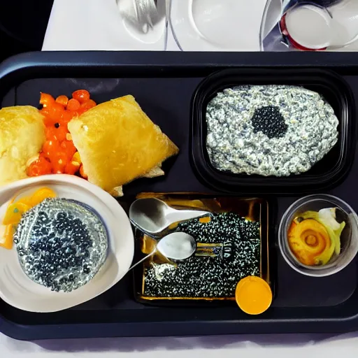 Prompt: hd - go pro photo of airplane window food tray filled with glowing caviar